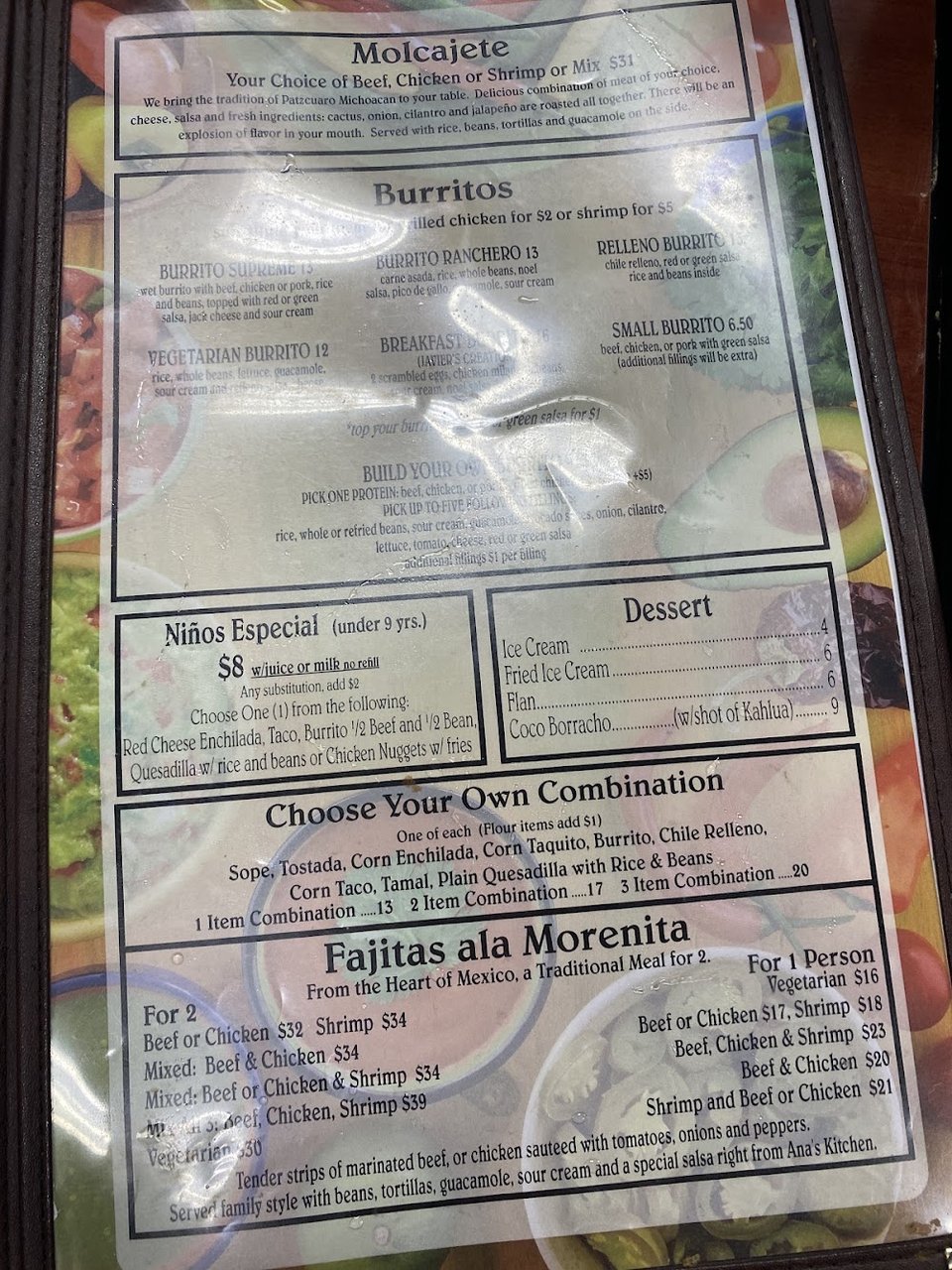 Menu page showing burritos, enchiladas, and desserts.