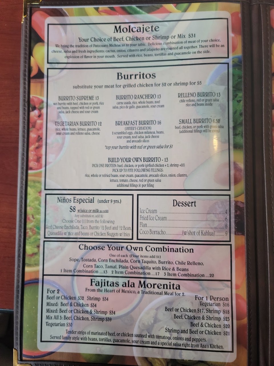 Printed menu with Mexican dishes and breakfast options.